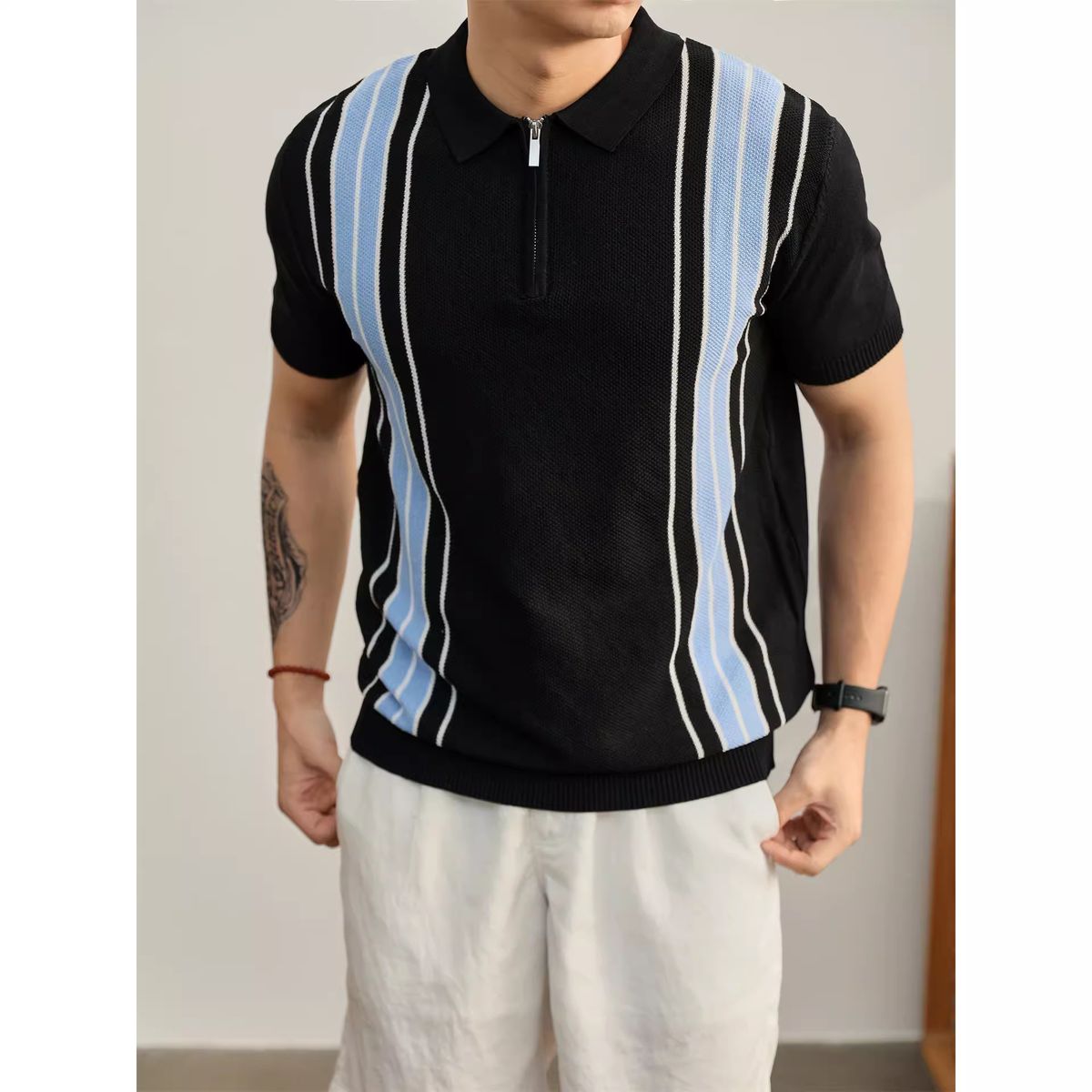 Men's Contrast Color Stripe Polo Shirt, Half Zip Knit Short Sleeve Top, Breathable & Quick-Dry For Summer Casual Style_viptrois.com