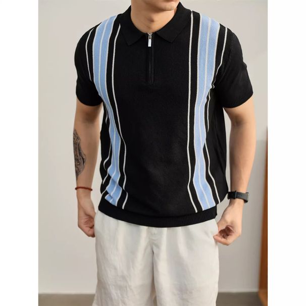 Men's Contrast Color Stripe Polo Shirt, Half Zip Knit Short Sleeve Top, Breathable & Quick-Dry For Summer Casual Style_viptrois.com