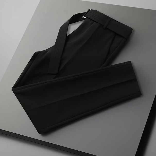 Men's Thin Ice Silk Cropped Trousers Summer Style Casual Dress Pants Korean Trendy Slim Fit Tapered Leg Suit_viptrois.com