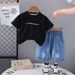 Boys' Summer Clothing Baby 2025 New Style Children's Short Sleeved Letter Printed Western-style Denim Shorts Two-piece_viptrois.com