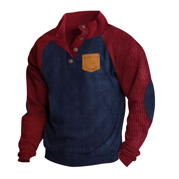 2024 Spring And Autumn European Size Men's Outdoor Raglan Sleeve Casual Stand Collar Loose Corduroy Color Block Pocket_viptrois.com