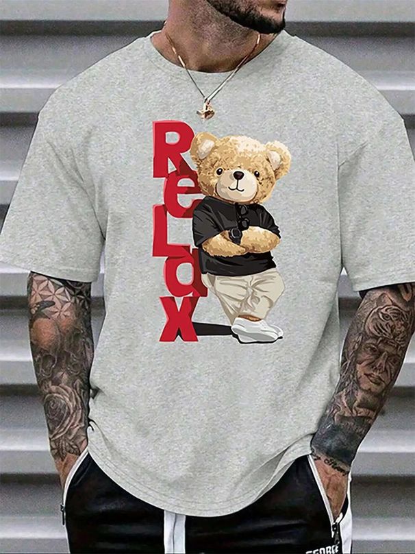 Men's Clothing Short Sleeved T Shirt, New Summer Men's Fashion Casual Commuting Versatile Bear Print Short Sleeved T Shirt_viptrois.com