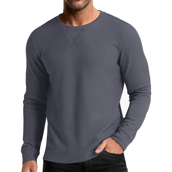 Men's Waffle-Knit Long Sleeve T-Shirt – Breathable Polyester Crew Neck Tee For Urban Layering Slim Fit Casual Top (S-XXL)_viptrois.com