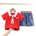 2025 New Summer Children's Men's Tie Bear Short Sleeve Cartoon Round Neck Top Shorts Two Piece Set_viptrois.com