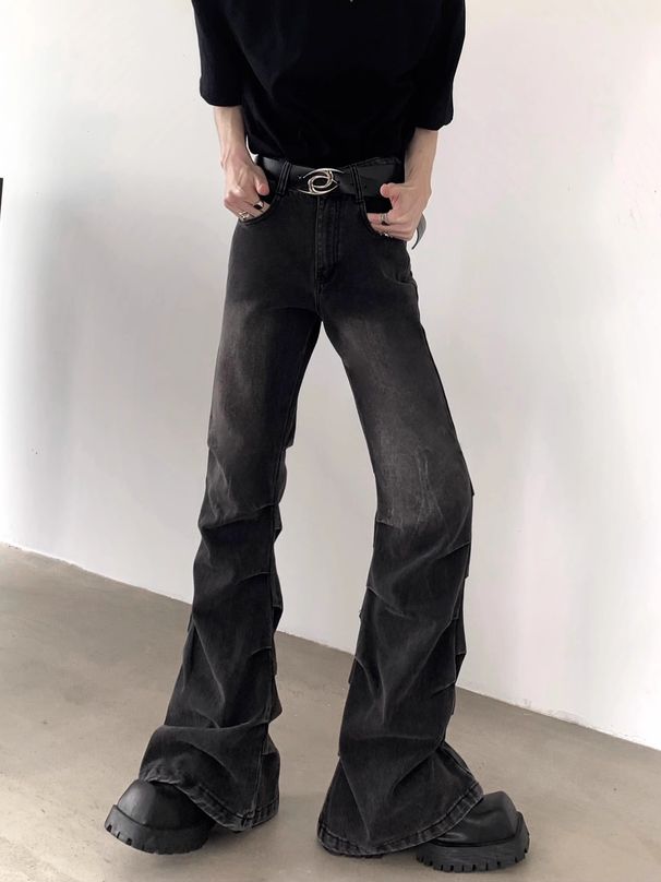 Men's Clothing Pleated Bell Bottoms Niche Design Heavy Washed Black And Gray Jeans_viptrois.com