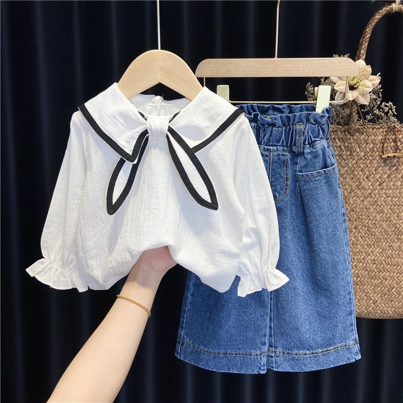 Kid's Clothing Autumn New Girls' Cute Navy Collar Shirt Plus Denim Wide Leg Pants Two Piece Set_viptrois.com