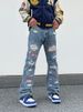 Hip Hop Patch Ripped Jeans Men's High Street Trend Embroidery Wide Straight Leg Loose Flared Pants Men_viptrois.com