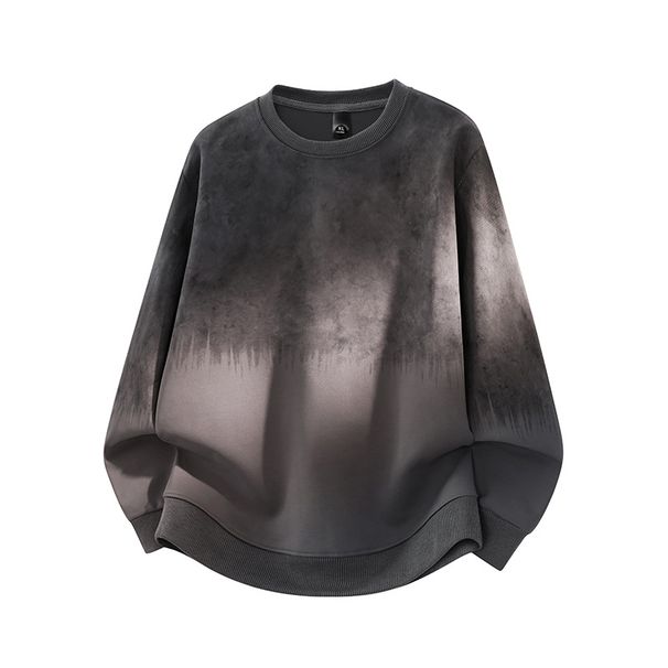 Men's Distressed Gradient Crewneck Sweatshirt, Fleece-Lined Heavyweight Pullover, Streetwear Oversized Top (Black, Dark Grey, Unisex Fit)_viptrois.com