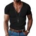 Men's Corduroy Short Sleeved Summer V-neck Solid Color Slim Fit Casual T-shirt Men's Top_viptrois.com