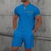 Men's Clothing Waffle Stand Collar Color Matching Short Sleeved Shorts Casual Suit_viptrois.com