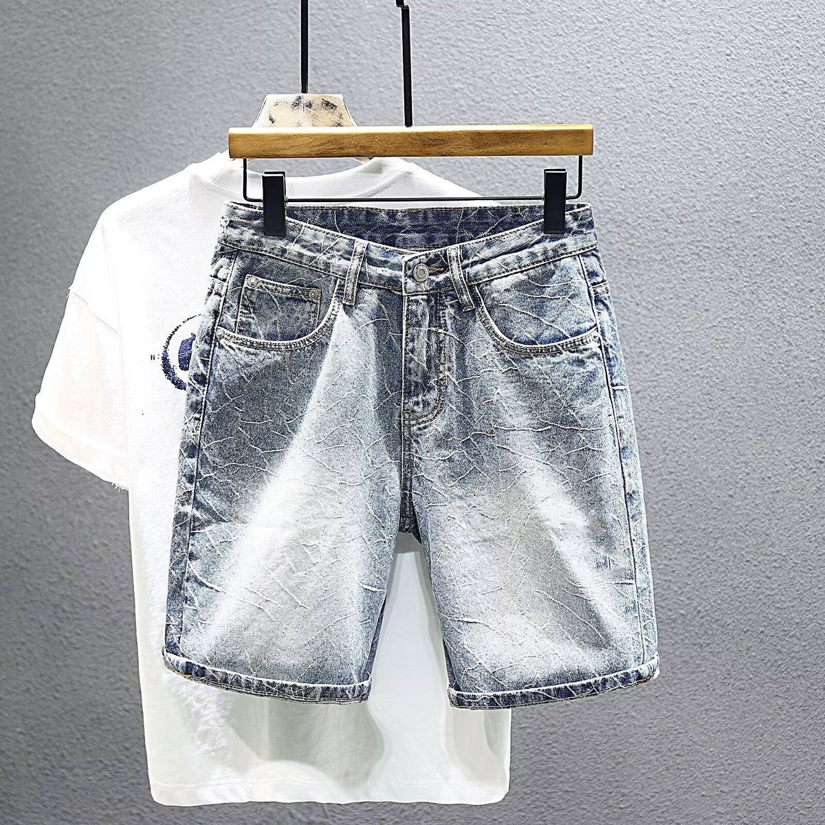 Men's Clothing Summer New Retro Denim Shorts Fashion Light Blue All Match Casual Embroidered Shorts_viptrois.com