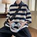 Men’s Heavyweight Stripe Polo Shirt – Short Sleeve, Loose Fit, Embroidered Collar, Streetwear Style (M-2XL, Black/Blue)_viptrois.com