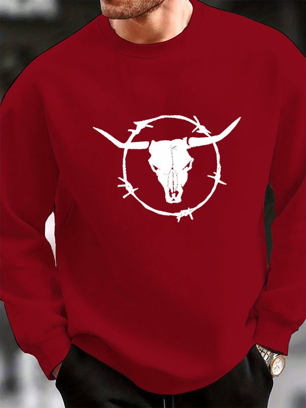 Men's Loose Casual Fashionable Cow Head Skull Pattern Printed Round Neck Long Sleeved Pullover Hoodie For Autumn And Winter_viptrois.com