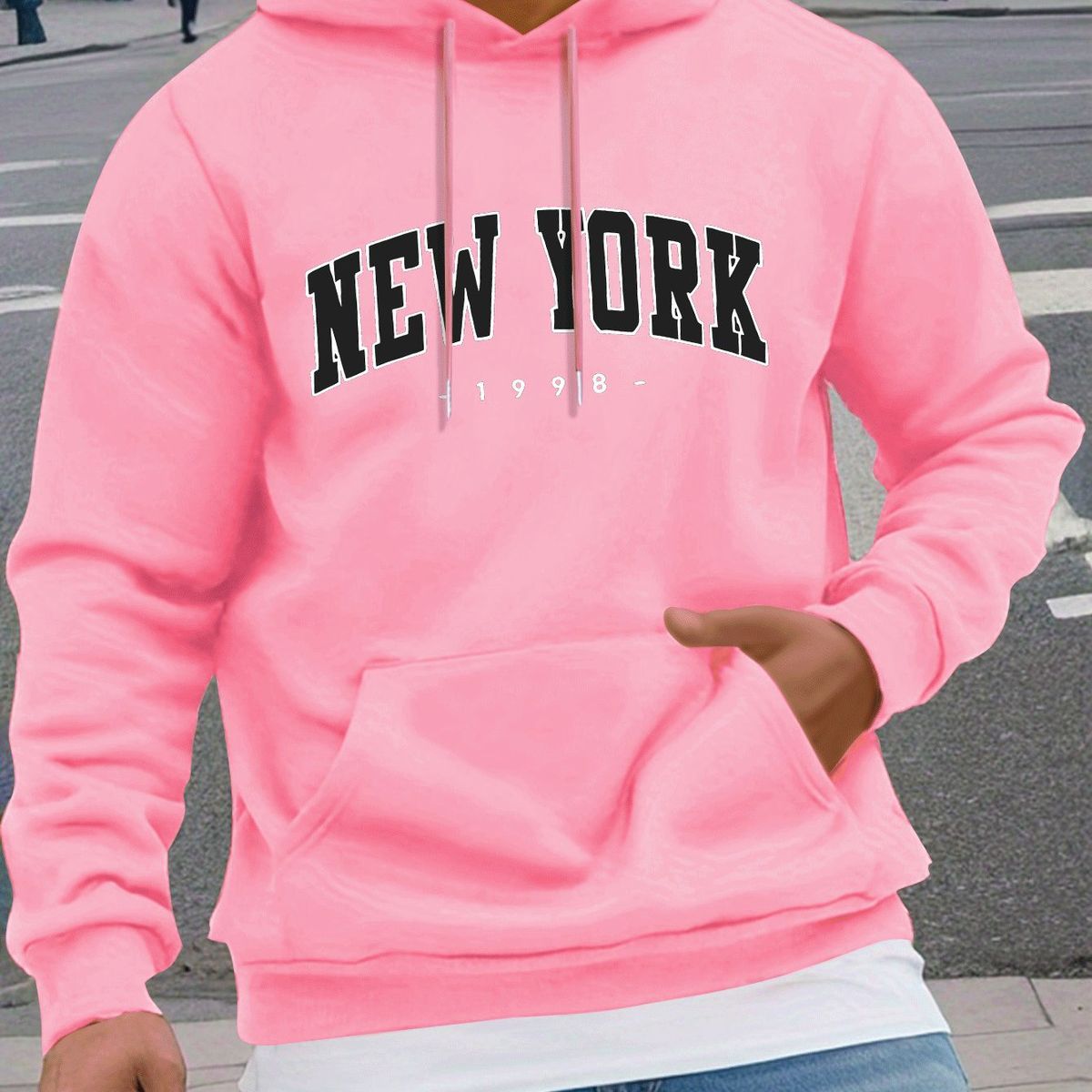 Men's Autumn And Winter Casual Fashion Loose Hooded Sweatshirt New York 1998 Print Warm Long Sleeved Pullover_viptrois.com