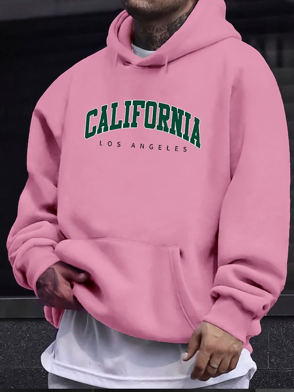 Men's Autumn And Winter Casual Fashionable Loose Hooded Sweatshirt With California Letter Pattern Printed Warm Long Sleeved Pullover_viptrois.com
