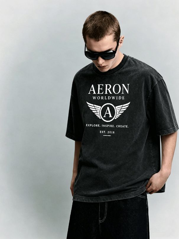 Relaxed Heavyweight Washed Vintage Emblem Cotton T-Shirt Men's Casual Streetwear Tee_viptrois.com