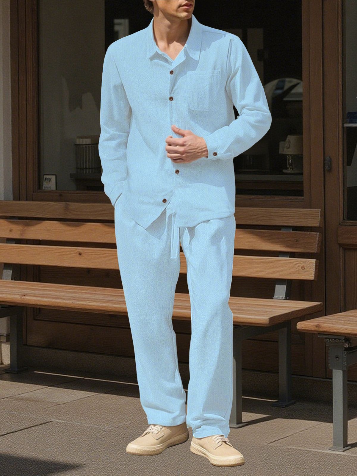 Men's Autumn Casual Single Breasted Lapel Linen Shirt Cardigan Long Sleeved Trousers Suit_viptrois.com