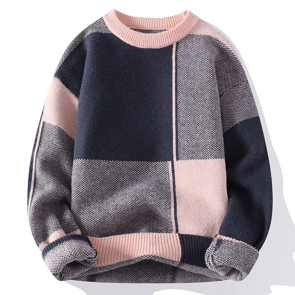 Men's Oversized Knit Sweater - Round Neck, Loose Fit Casual Pullover (Black/Pink/Khaki/Army Green)_viptrois.com
