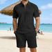 Men's Summer Short Sleeve Knit Polo Shirt With Jacquard Texture And Shorts Set, Casual Turn-Down Collar Outfit For Daily Wear_viptrois.com
