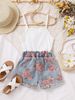 Mother & Kids Cross-border Cute Girls Jumpsuit Suspender Pit Denim Print Suit Wholesale Dropshipping_viptrois.com