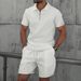 Summer Men's New Waffle Zipper Solid Color Turn-Down Collar Short Sleeve T-Shirt And Shorts Casual Set_viptrois.com