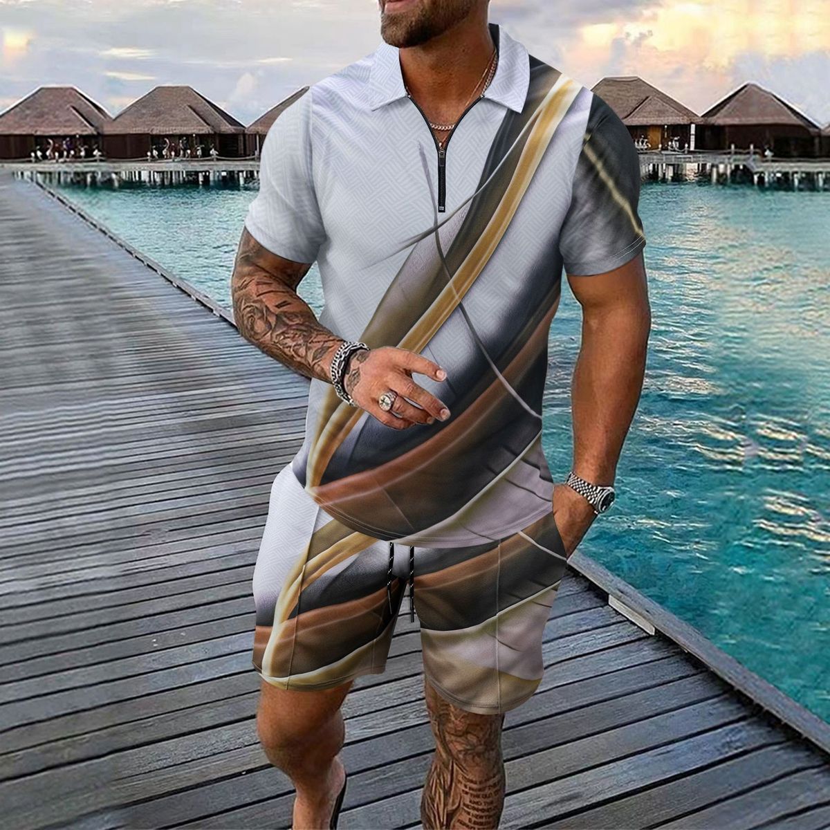 Men's Clothing Summer New Men's Casual Trend Zipper Short Sleeved Shorts Two Piece Suit_viptrois.com