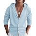 Trendy European Mens Drawstring Hood Long Sleeve Button Down Waffle Shirt Streetwear Blouse_viptrois.com