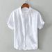 Men's Clothing Solid Color Linen Shirt Men's Short Sleeved Slim Fit Top Summer Thin Lapel Youth Cotton And Linen Casual White Shirt_viptrois.com