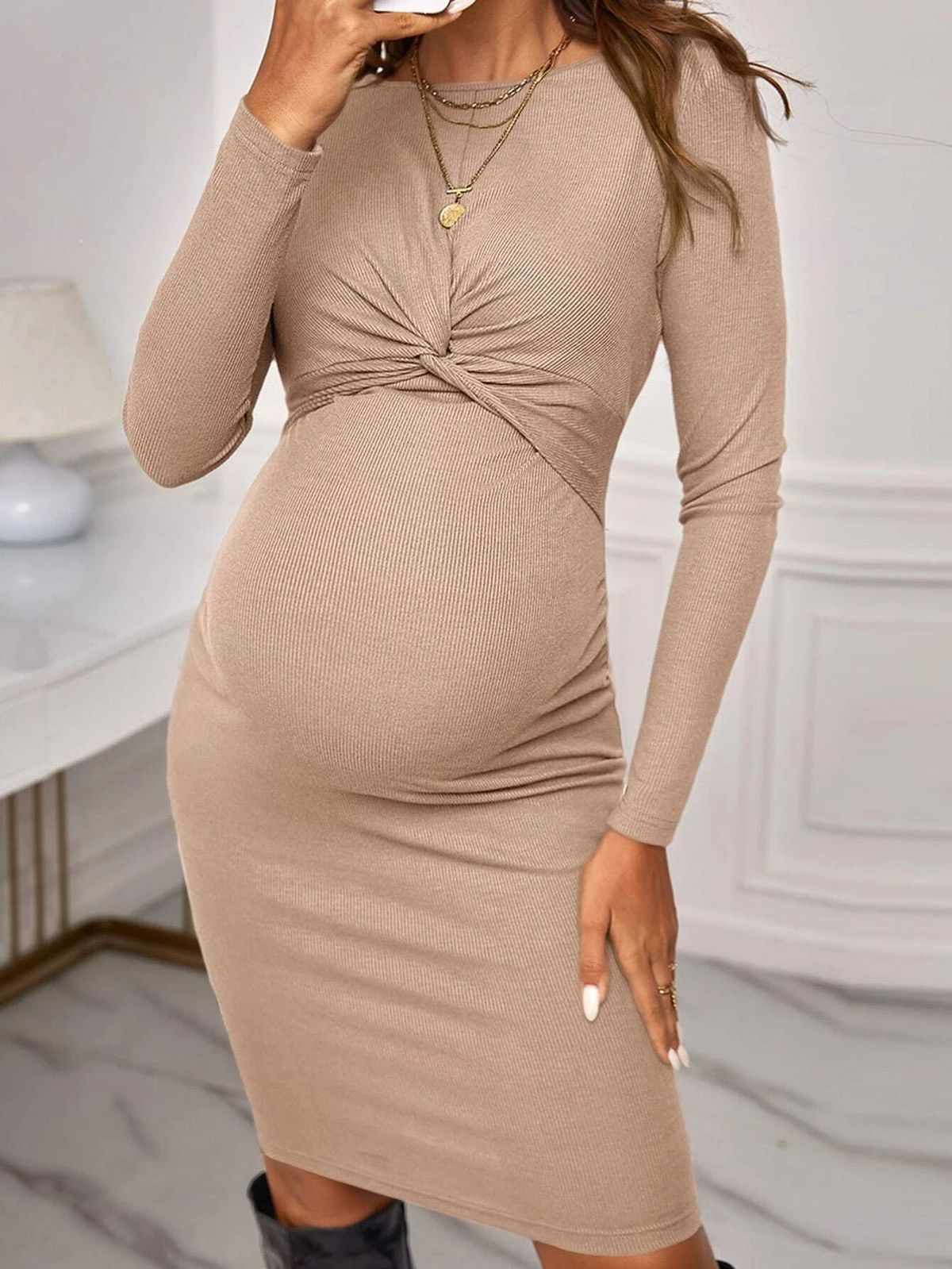 Maternity Dress Round Neck Long Sleeve Knitted Slim Fit Maternity Dress Solid Color Short Maternity Dress_viptrois.com