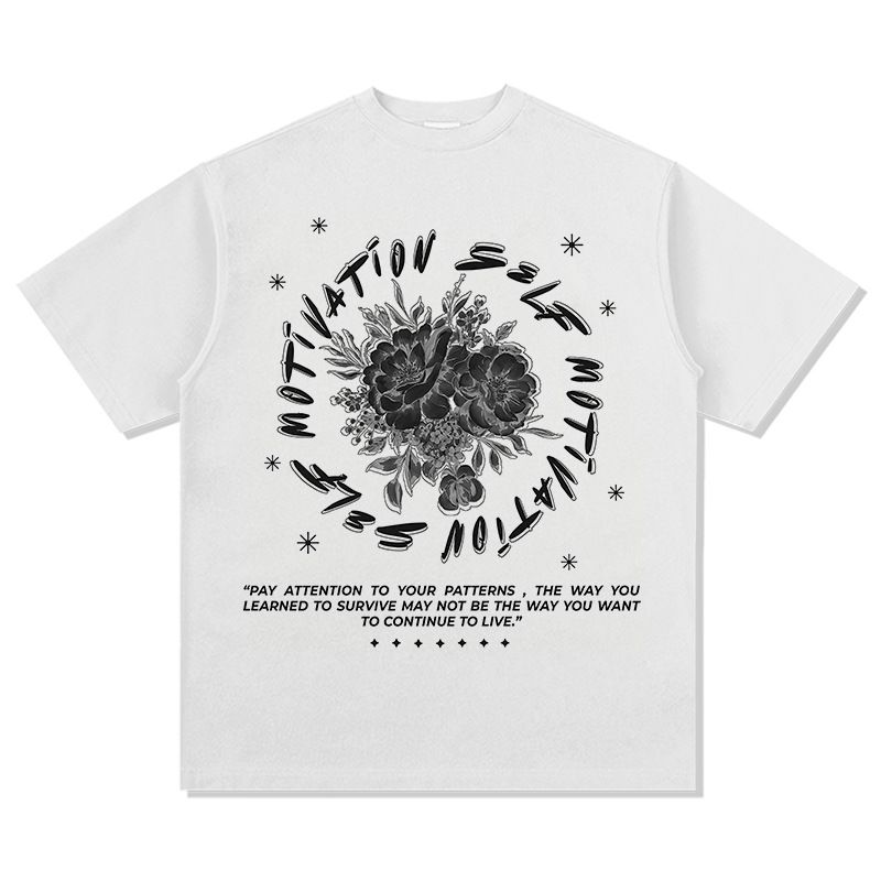 Retro flower digital printing American versatile short-sleeved T-shirt vintage heavy cotton loose trendy tops for men and women_viptrois.com