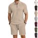 Men's Summer Short Sleeve Knit Polo Shirt With Jacquard Texture And Shorts Set, Casual Turn-Down Collar Outfit For Daily Wear_viptrois.com