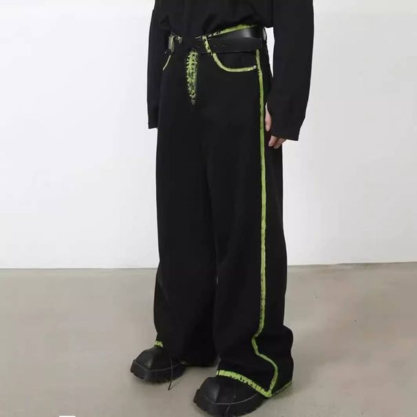 Men's Clothing High Street Black And White Stitching Contrast Jeans Men And Women New Slim Holes Loose Straight Trousers_viptrois.com
