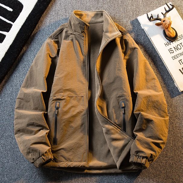 Fleece-Lined Reversible For Men, Autumn And Winter Warm Thickened Fleece Men's Casual Stand Collar Jacket_viptrois.com