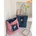 American Style Double-Sided Plaid Denim Canvas Versatile Commuter Tote Bag Reversible Color-Block Handbag_viptrois.com