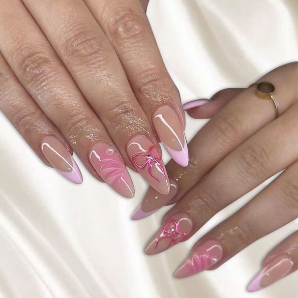 Handmade Almond Shaped Short False Nails With Flashing Diamond Thread & Water Drop Design - European & American Style_viptrois.com