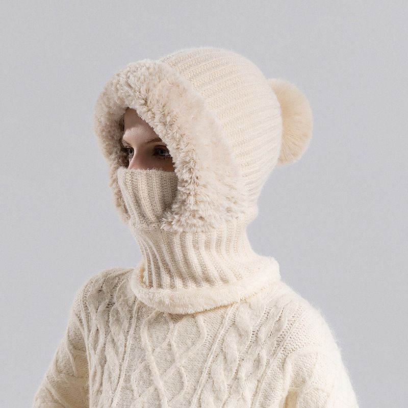 8410 Knitted Scarf Mask Integrated For Women Winter Cycling Windproof Fleece-Lined Warm Knit Hat_viptrois.com