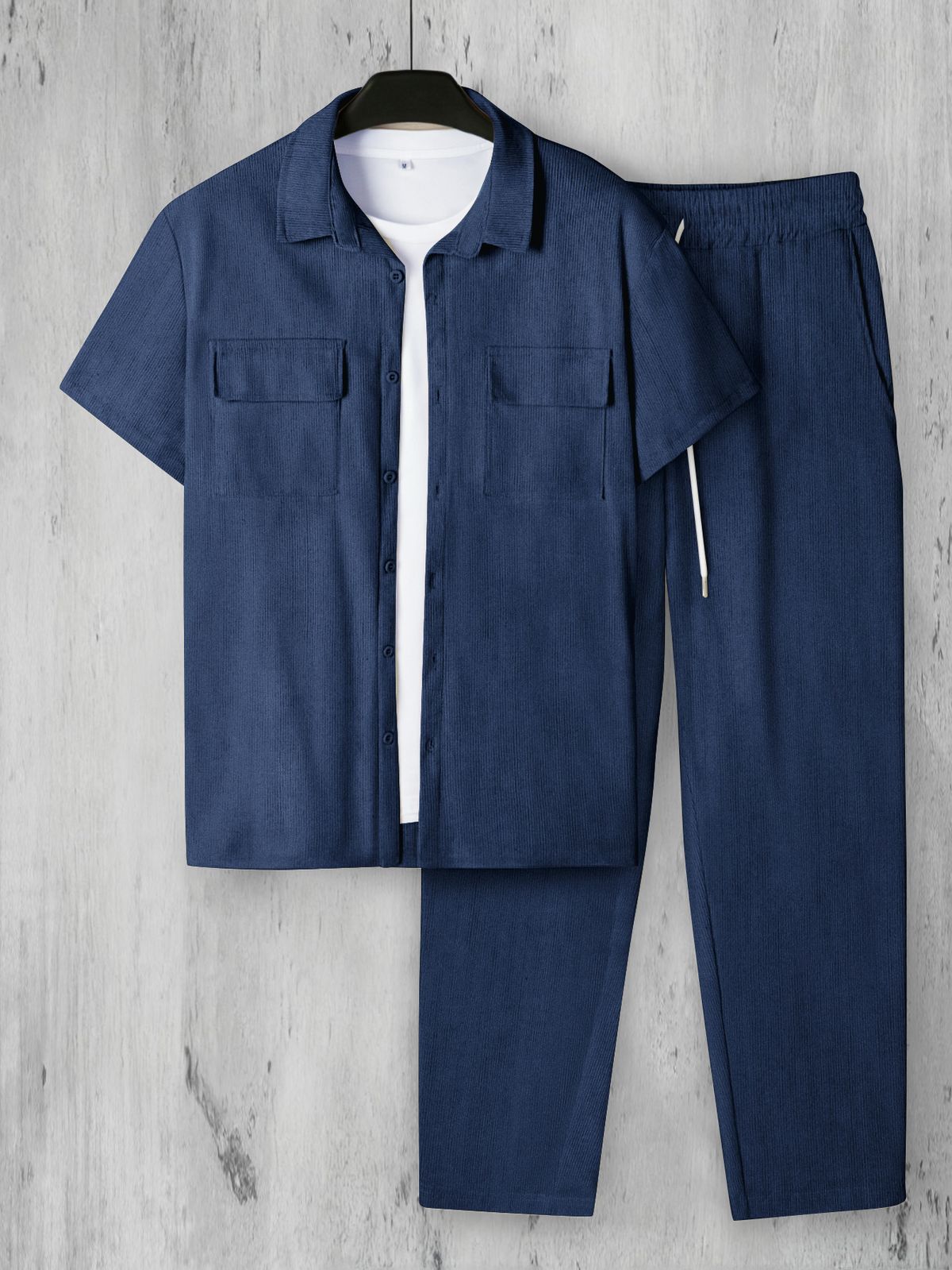 Men's Plus Size Corduroy Short Sleeve Shirt & Pants Set - Summer Casual Outfit With Button Front & Pockets (White, Black, Navy, Beige, Caramel)_viptrois.com