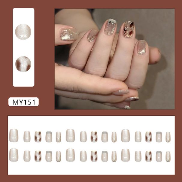 False Nails Gentle Milky Blue Gilded French Dark Brown Halo Cat's Eye Nail Art Patches Detachable_viptrois.com