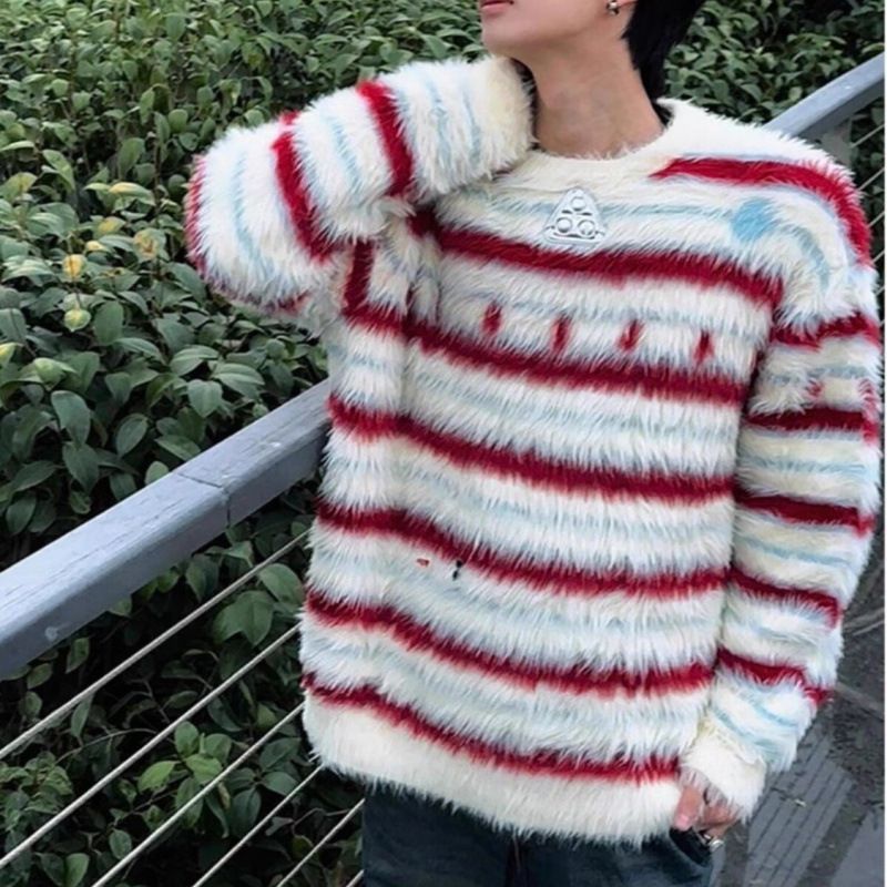 Christmas Striped Round Neck Sweater, Autumn And Winter Warm Knit Sweater With Added Velvet_viptrois.com