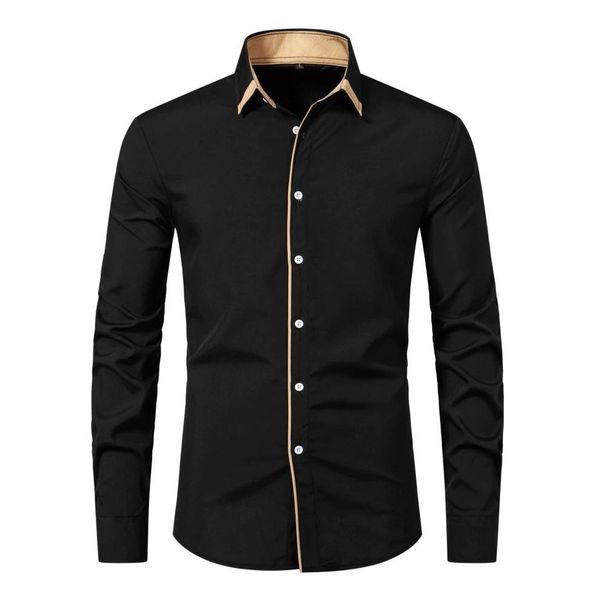 2025 Fashion Men's Solid Color Patchwork Contrasting Color Casual Long Sleeved Shirt Men's Shirt S-3XL_viptrois.com
