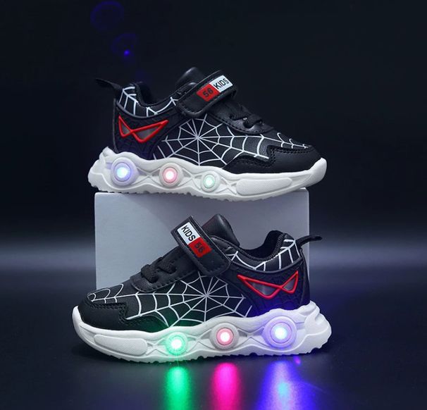 Kids' Light-Up Spiderweb Sneakers - LED Athletic Shoes With Reflective Details For Boys & Girls, Breathable Leather Casual Shoes_viptrois.com