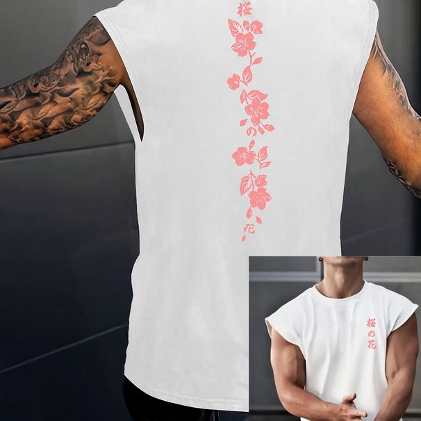 100% Pure Cotton Men's Summer Casual Sports Fitness Loose Japanese Pattern Print Breathable Round Neck Sleeveless Tank Top_viptrois.com