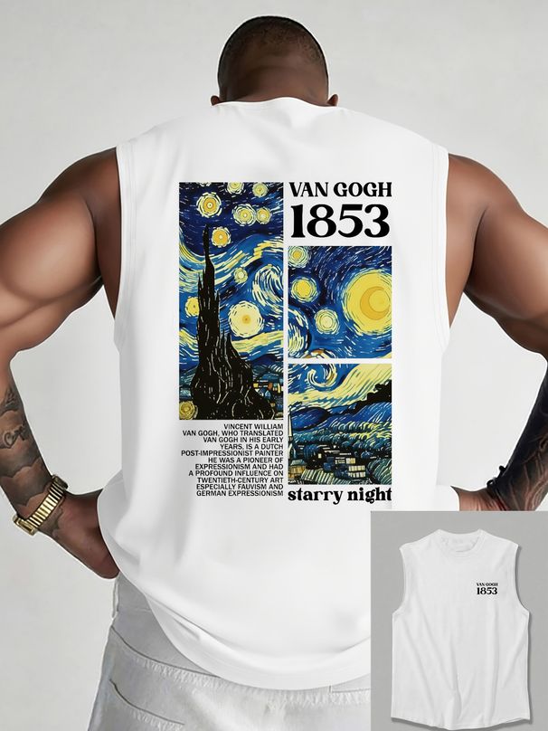 100% Pure Cotton Men's Summer Casual Sports Fitness Loose Trend Tribute Van Gogh Pattern Printed Breathable Round Neck Sleeveless Vest_viptrois.com