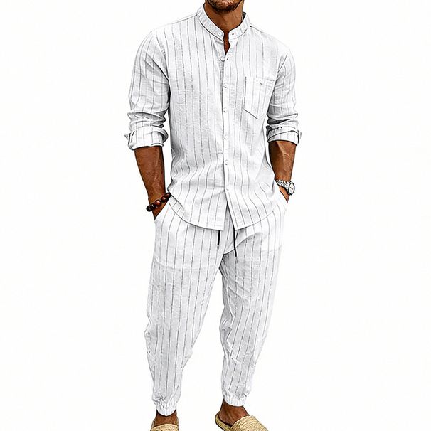 Linen Casual Spring/summer Men's Loose Jacquard Striped Crewneck Long-sleeved Shirt And Pants Set_viptrois.com