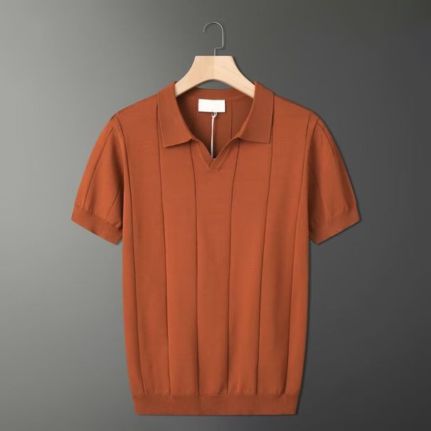 Men's Clothing Summer Fresh Small V Neck Knitted Polo Shirt For Men Solid Color Breathable Thin Short Sleeve Slightly Wide Trendy Top_viptrois.com