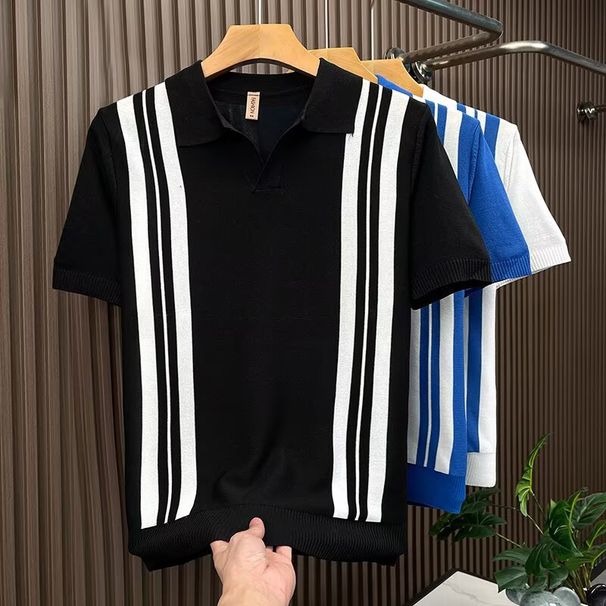 Men's Striped Knit Polo Shirt - Breathable Summer Short Sleeve, Slim Fit & Colorblock Design (Black, White, Blue)_viptrois.com