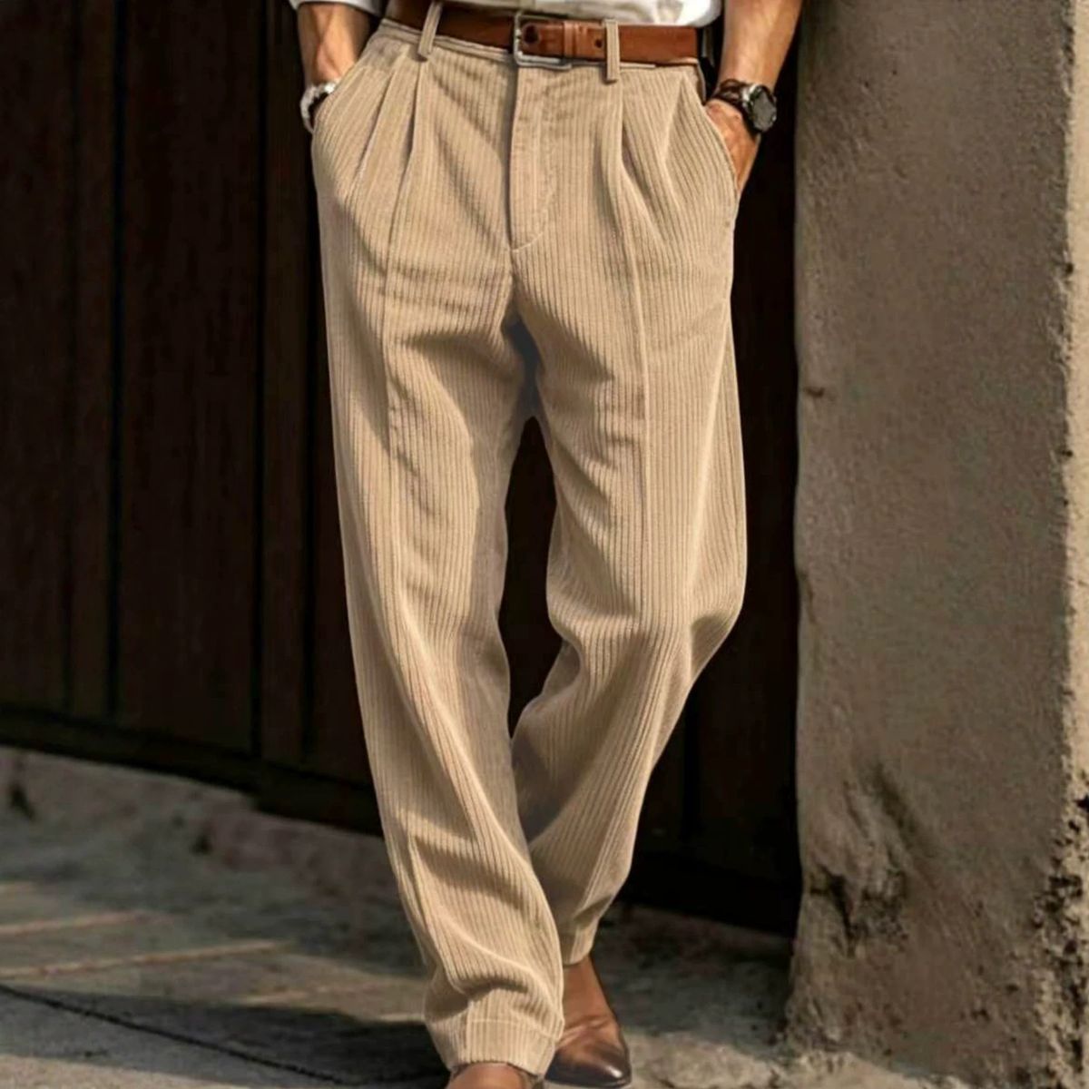 Men's High-Waisted Corduroy Dress Pants Casual Business Trousers Straight Leg British Style Wrinkle Free_viptrois.com