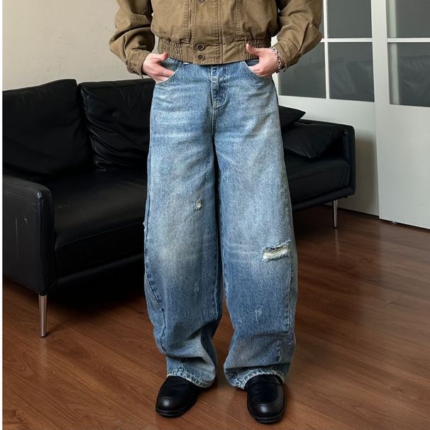 Men's Clothing Retro Daddy Ripped Loose Scimitar Version Wide Leg Jeans For Men And Women_viptrois.com
