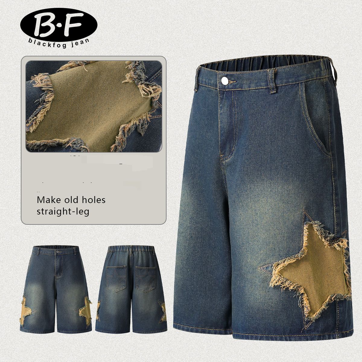 Men's Clothing Retro Denim Shorts With Star Patchwork Embroidery Loose Shorts_viptrois.com