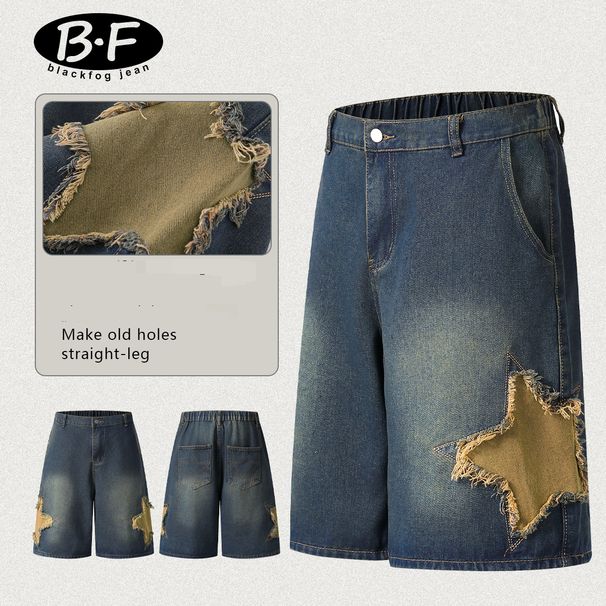 Men's Clothing Retro Denim Shorts With Star Patchwork Embroidery Loose Shorts_viptrois.com